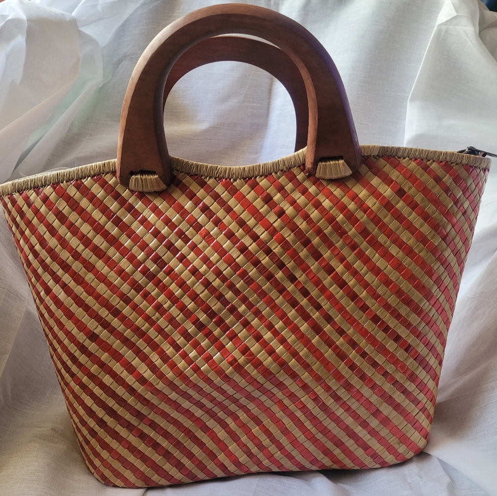 Brand new red and beige tote with wooden handles